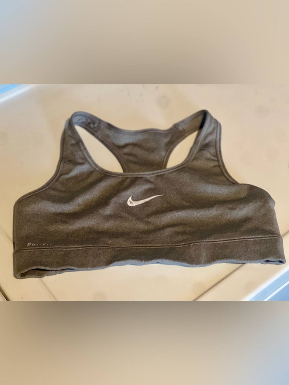 Nike Grey Dri-FIT Racerback Sports Bra with White Swoosh